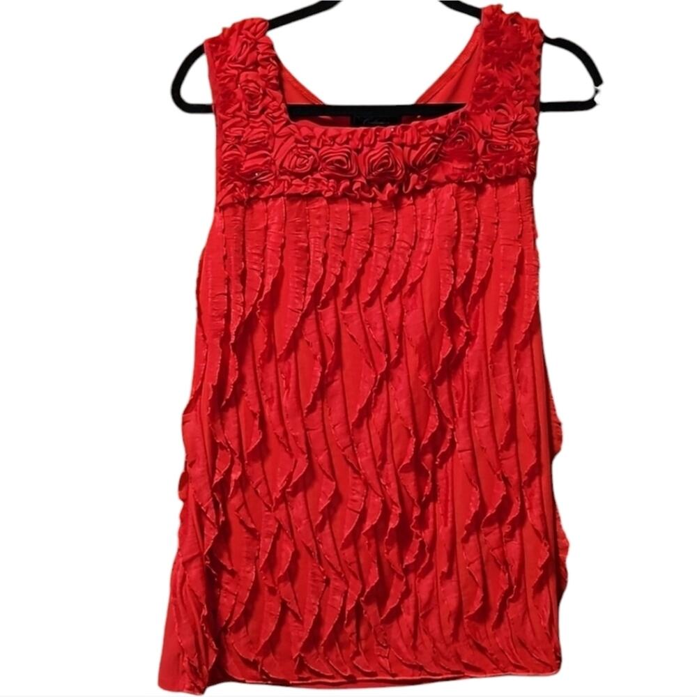 Red Sleeveless Blouse Ruffled Front Rosettes Around the Collar sz L